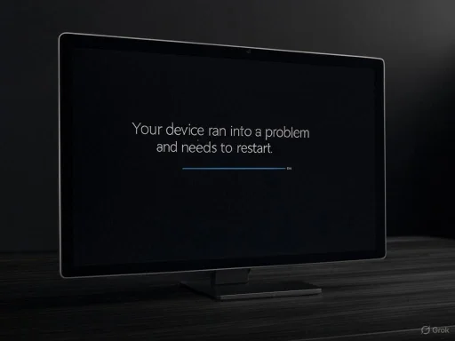 A computer monitor displays a black screen with a message: 'Your device ran into a problem and needs to restart.' A computer monitor displays a black screen with a message: 'Your device ran into a problem and needs to restart.'