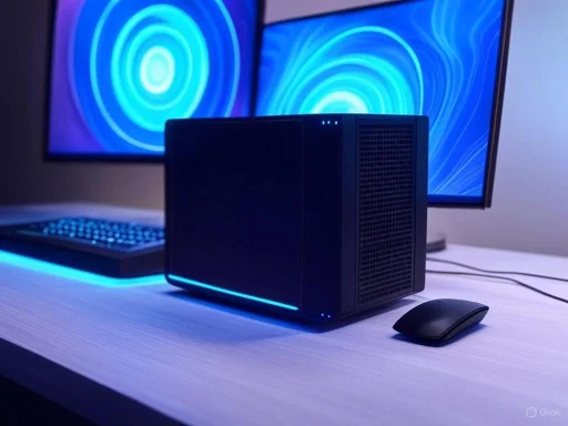 A compact black computer tower with blue LED accents, dual monitors with swirling blue patterns, a backlit keyboard, and a mouse on a white desk.
