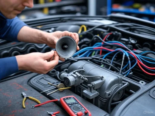 A mechanic works on car wiring inside the engine bay, using tools and a multimeter for troubleshooting.