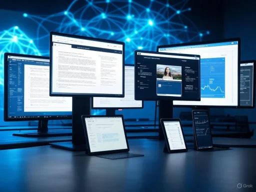 Multiple computer screens display data, documents, and analytics in a high-tech, interconnected workspace.