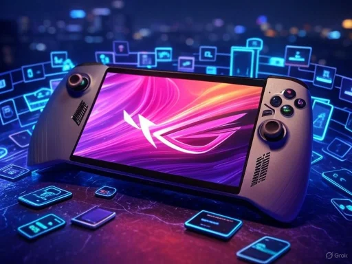 A gaming handheld console with a vibrant display, surrounded by digital app icons and neon-lit graphics.