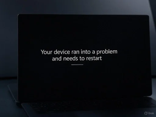 Laptop screen displays a message: 'Your device ran into a problem and needs to restart.'