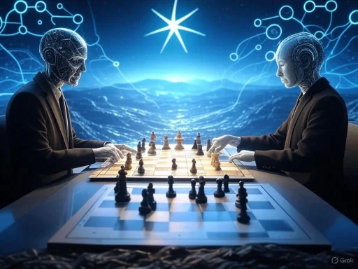 Robotic humanoids play chess under a starry sky with digital networks in the background.