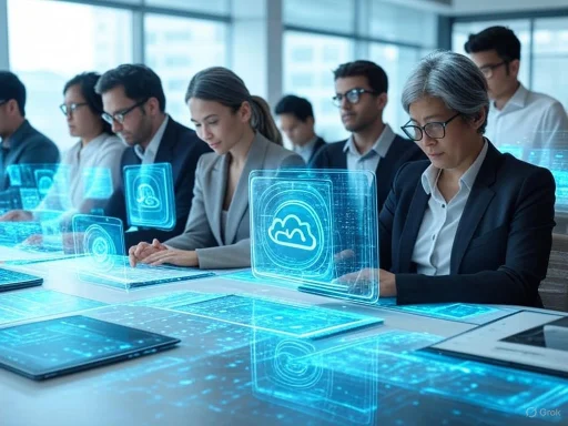 Businesspeople using holographic cloud technology in a modern office environment. Businesspeople using holographic cloud technology in a modern office environment.
