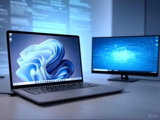 A modern workspace with a laptop and a monitor displaying digital and technological graphics.