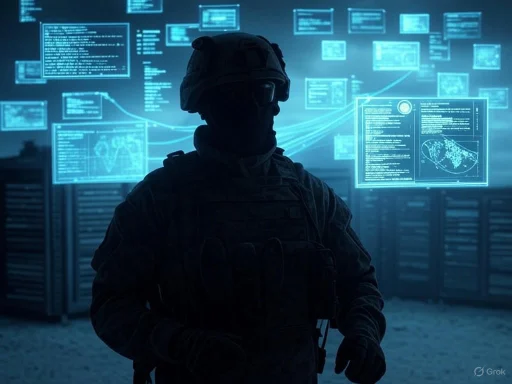 A silhouette of a soldier with digital screens displaying data behind him in a high-tech control room.