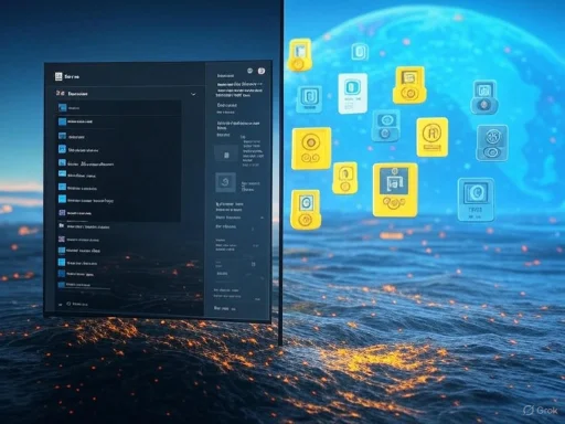 A split-screen image showing a computer interface on the left and a digital globe with floating icons on the right.