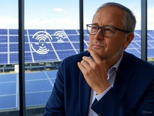 A man in a suit and glasses ponders in front of solar panels and wind turbines, contemplating renewable energy solutions. A man in a suit and glasses ponders in front of solar panels and wind turbines, contemplating renewable energy solutions.