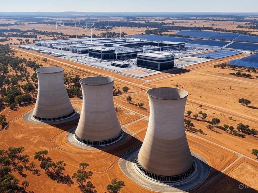 Aerial view of a nuclear power plant with cooling towers and solar panels in a desert landscape.