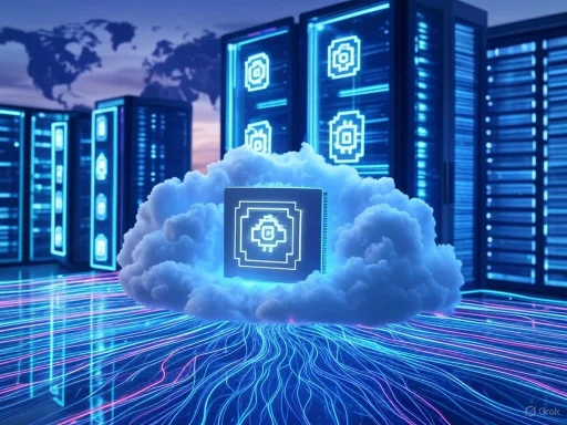 A cloud computing server with digital circuits and neon lines in a futuristic data center.