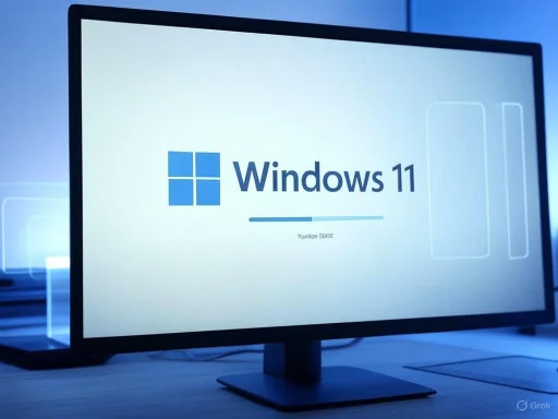 A computer monitor displays the Windows 11 startup screen with the logo and version information. A computer monitor displays the Windows 11 startup screen with the logo and version information.
