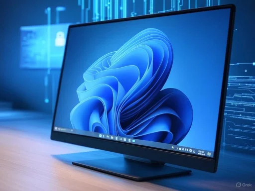 A sleek, modern desktop computer display showing a stylized blue abstract design, surrounded by a digital tech background.