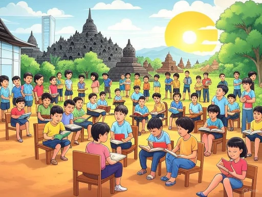 Children gathered outdoors, reading and studying near ancient temples during a sunny day.