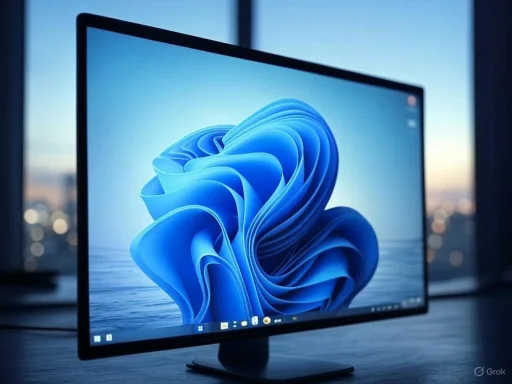 A sleek computer monitor displaying the Windows 11 desktop with a blue abstract background.