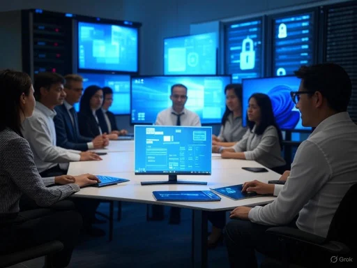 Team of professionals discussing cybersecurity and data protection in a high-tech control room.