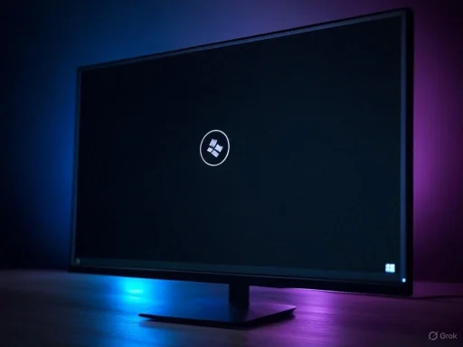 A computer monitor displays the Windows logo while booting up in a dimly lit room with blue and purple ambient lighting. A computer monitor displays the Windows logo while booting up in a dimly lit room with blue and purple ambient lighting.