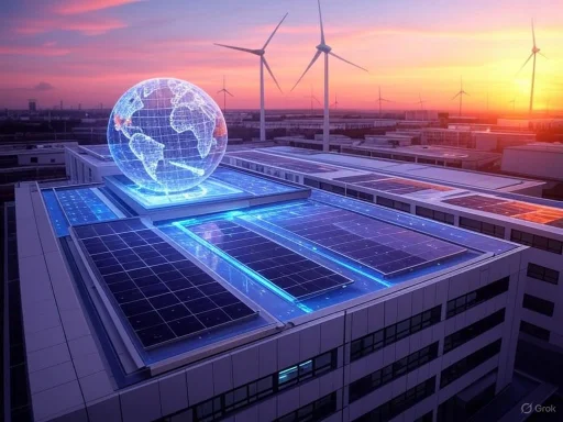 Futuristic digital globe over solar panels with wind turbines at sunset, symbolizing renewable energy and environmental sustainability.