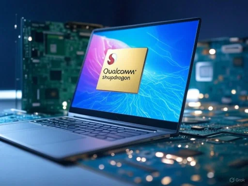 A laptop displaying a Qualcomm Snapdragon processor logo, with circuit boards in the background.