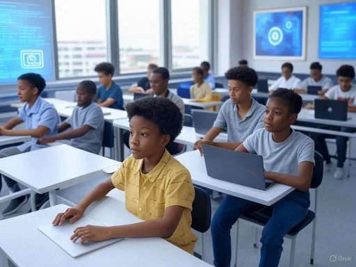 A classroom filled with attentive students using laptops, with digital screens displaying educational content on the walls.
