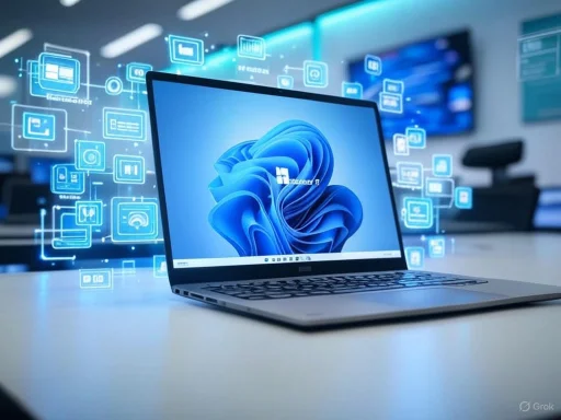 A laptop displaying Windows 11 surrounded by digital app icons representing technology and connectivity.