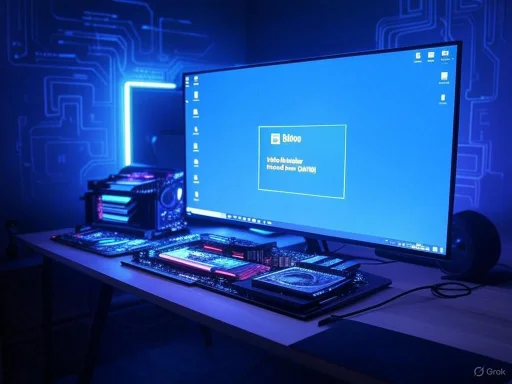 A futuristic computer setup with a large monitor, motherboard, and hardware components illuminated by blue LED lights. A futuristic computer setup with a large monitor, motherboard, and hardware components illuminated by blue LED lights.