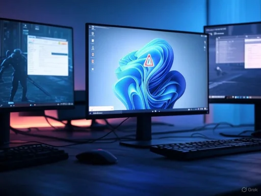 A computer setup with three monitors displaying error messages, illuminated by blue and pink lighting.