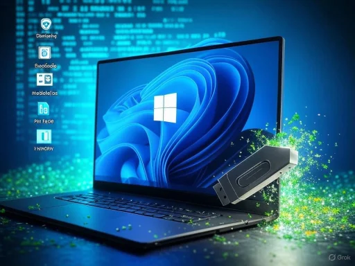 A laptop with a Windows desktop background, surrounded by digital icons and a green, glowing USB device.
