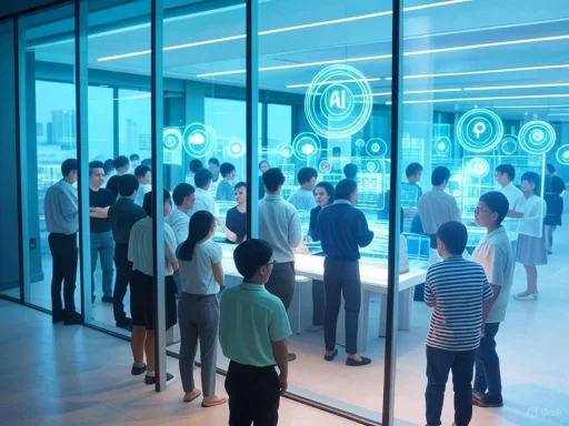People gathered inside a modern office space with digital displays and AI-related graphics on the glass walls. People gathered inside a modern office space with digital displays and AI-related graphics on the glass walls.