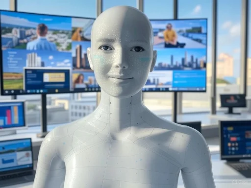 A humanoid robot with a realistic face stands in front of multiple screens displaying cityscapes and data.