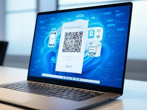 A laptop displaying a digital interface with a QR code and icons related to wireless and digital security.