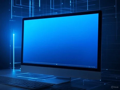 A modern desktop computer with a large monitor displays a blue screen against a digital, futuristic background.