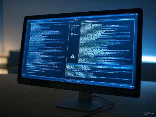 A computer monitor displays code and a warning icon on a dark background in a dimly lit room. A computer monitor displays code and a warning icon on a dark background in a dimly lit room.