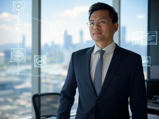 A businessman in a suit stands in a modern office with digital icons floating around him. A businessman in a suit stands in a modern office with digital icons floating around him.