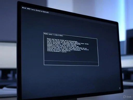 A computer monitor displays a black screen with white text, showing a technical or command-line interface. A computer monitor displays a black screen with white text, showing a technical or command-line interface.