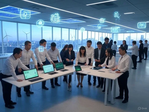 Business professionals collaborating around touchscreen monitors in a modern, high-rise office with a city skyline view.