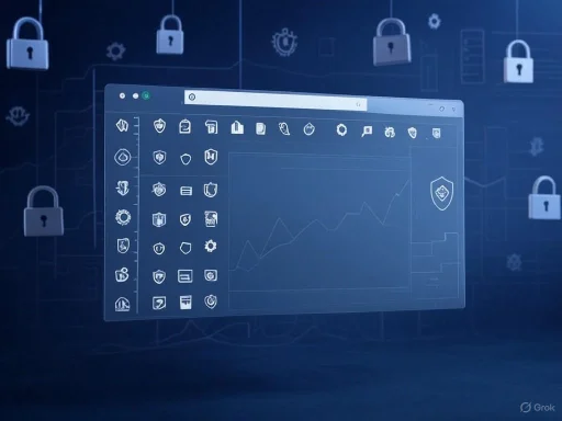 A digital interface with cybersecurity icons and a graph, surrounded by padlock symbols representing security and data protection.
