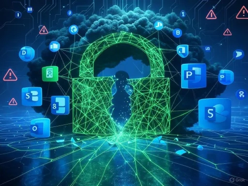 A digital illustration of hacking with a cloud background, lock symbol, and icons for Microsoft Office and cloud apps.