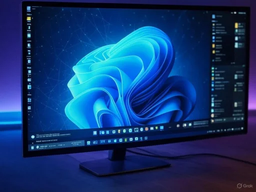A computer monitor displaying the Windows 11 desktop with a blue abstract wallpaper and various icons.
