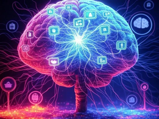A neural network-inspired illustration of a brain with interconnected app icons and glowing neural pathways.