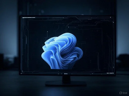 A computer monitor displays a digital, abstract blue 3D swirl against a dark background with circuit-like graphics.