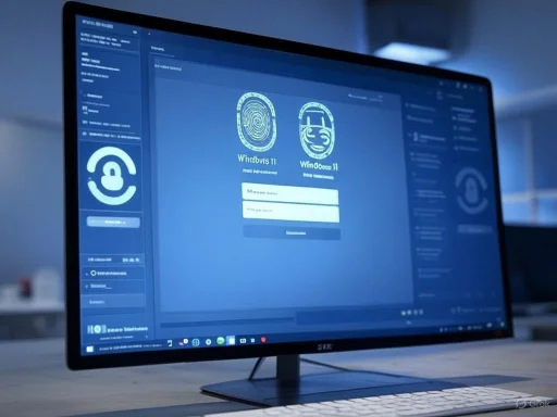 The image shows a computer monitor displaying biometric security login options for Windows 11, including fingerprint and facial recognition. The image shows a computer monitor displaying biometric security login options for Windows 11, including fingerprint and facial recognition.