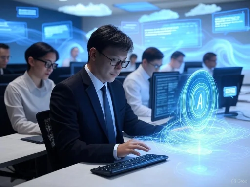 Business professionals working on computers in a high-tech AI training or development lab with holographic displays.