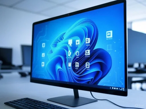 A modern desktop computer displaying a blue abstract digital background with app icons, placed on a white desk.