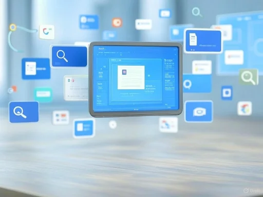 A digital illustration of various floating app icons and a central tablet interface representing data and app interaction.