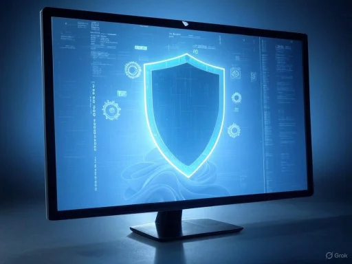 A computer monitor displaying a digital shield symbol representing cybersecurity or data protection.