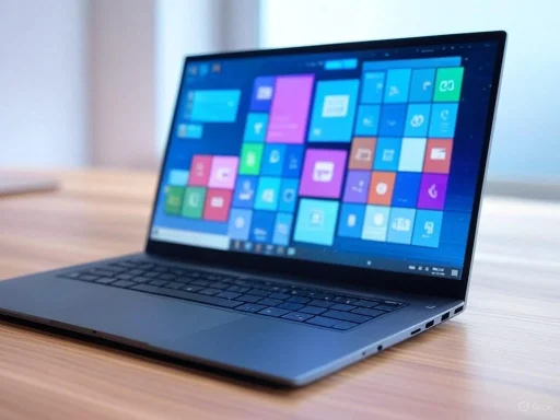 A silver laptop with a colorful tiled Windows interface open on a wooden desk.