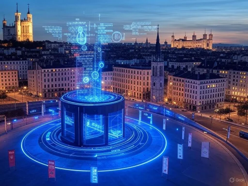 Futuristic digital display and hologram projection in a city square at dusk, blending technology with urban scenery.