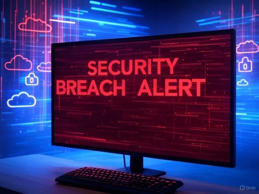 A computer monitor displays a red 'Security Breach Alert' message with digital background and cloud icons. A computer monitor displays a red 'Security Breach Alert' message with digital background and cloud icons.