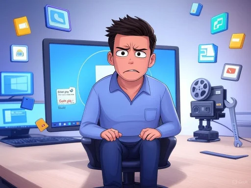 A frustrated person sitting at a desk surrounded by computer screens, icons, and a vintage film camera.