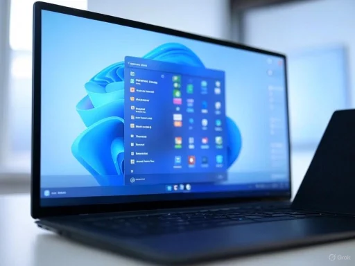A modern laptop displaying the Windows 11 desktop with an open app menu.